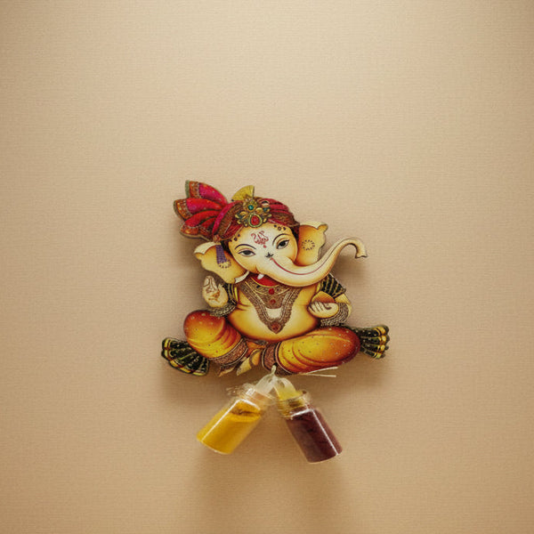 Auspicious Lord Ganesha Decorative Hanging | Traditional Favor with Haldi & Kumkum Glass Vials