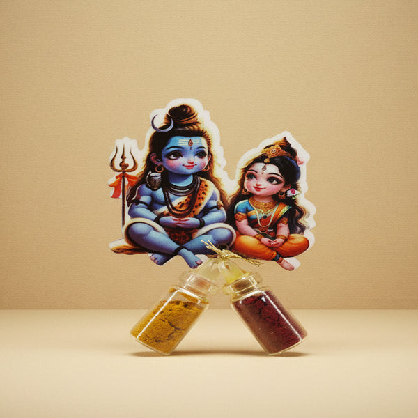 Divine Shiva Parvati Decorative Hanging | Traditional Favor with Haldi & Kumkum Glass Vials