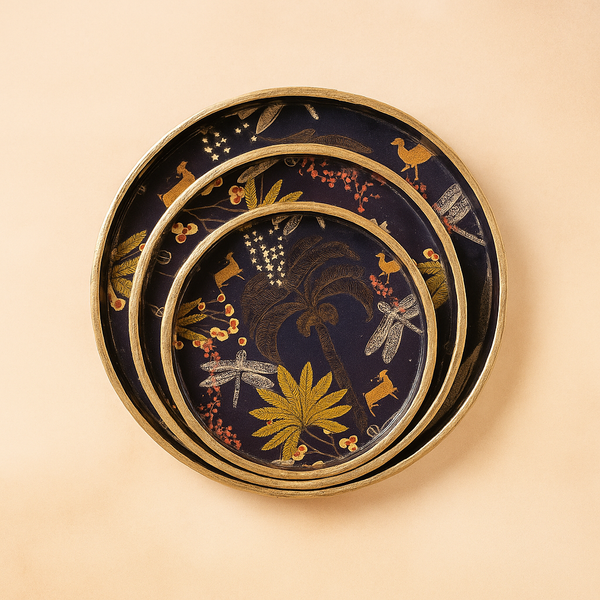 Round Tray Set (Dark Blue Colour) | Decorative Pooja Thali | Floral Gift Tray for Festivals & Weddings