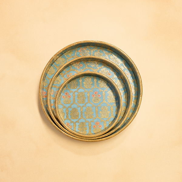 Round Tray Set (Blue) | Decorative Pooja Thali | Floral Gift Tray for Festivals & Weddings