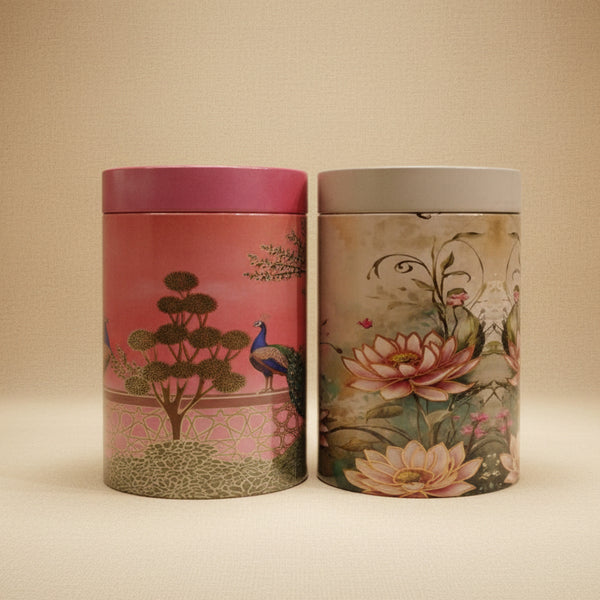 Premium Heritage Festive Tin Canisters | Luxury Round Peacock & Lotus Storage Favor Boxes