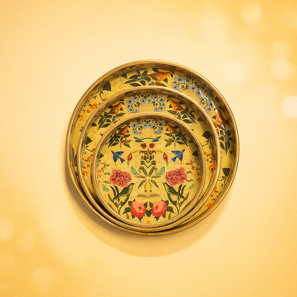 Round Tray Set (Yellow) | Decorative Pooja Thali | Floral Gift Tray for Festivals & Weddings