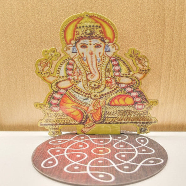Premium Lord Ganesha Acrylic Tabletop Stand |Traditional Mandir Decor with Kolam Rangoli Base