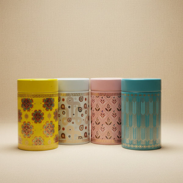 Premium Festive Tin Canisters (Set of 4) – Luxury Round Geometric & Floral Storage Favor Boxes