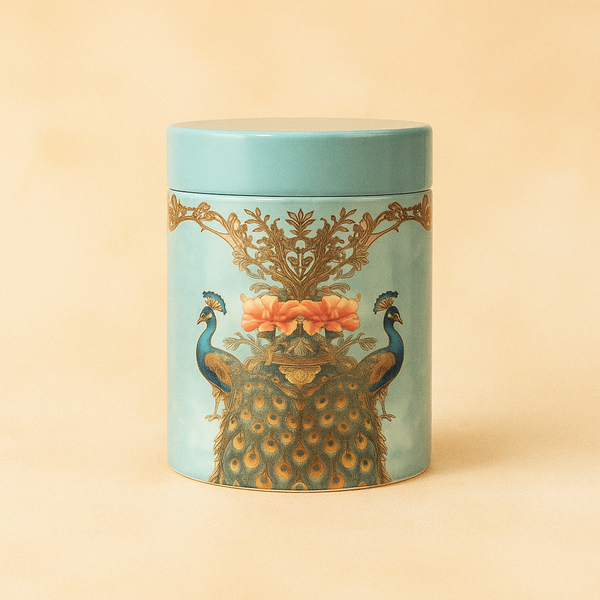 Peacock Tin (Small) | Elegant Storage Tin with a Vibrant Peacock Design