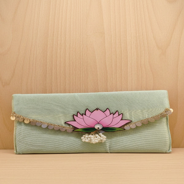 Premium Mint Green Raw Silk Gifting Envelope | Luxury Cash Clutch with Pink Lotus & Pearl Accent