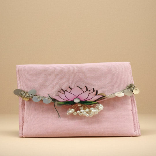 Premium Pastel Pink Raw Silk Gifting Envelope | Luxury Cash Clutch with Pink Lotus & Pearl Accent