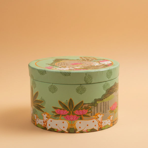 Premium Pichwai Cow & Lotus Festive Tin Box | Luxury Oval Keepsake Organizer & Dry Fruit Gifting Case
