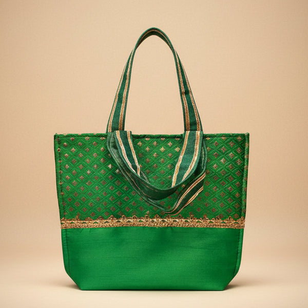 Premium Green Brocade Silk Gift Tote | Luxury Traditional Favor Bag with Gold Lace Accent