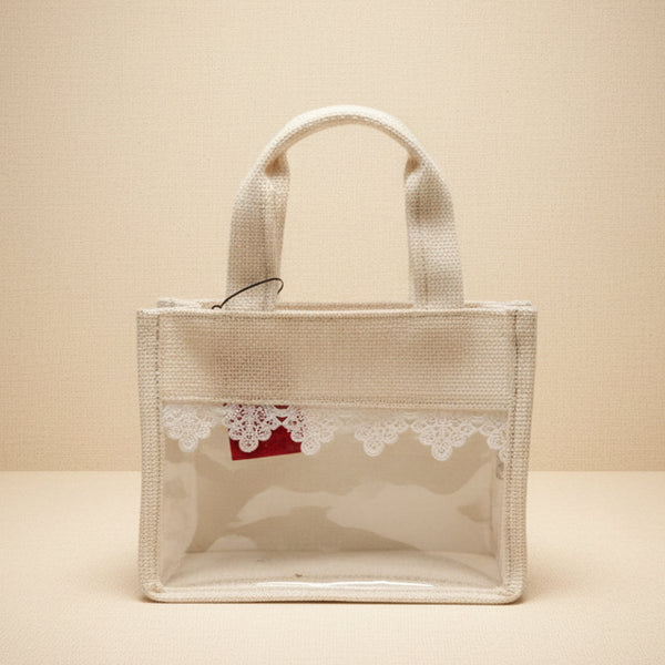 Premium Mini Jute Festive Gift Tote | Luxury Clear Window Favor Bag with White Lace Trim