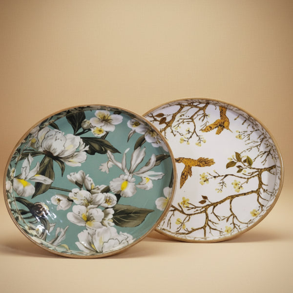 Sage Blossom & Golden Avian Round Serving Trays - Set of 2 |Medium Tray