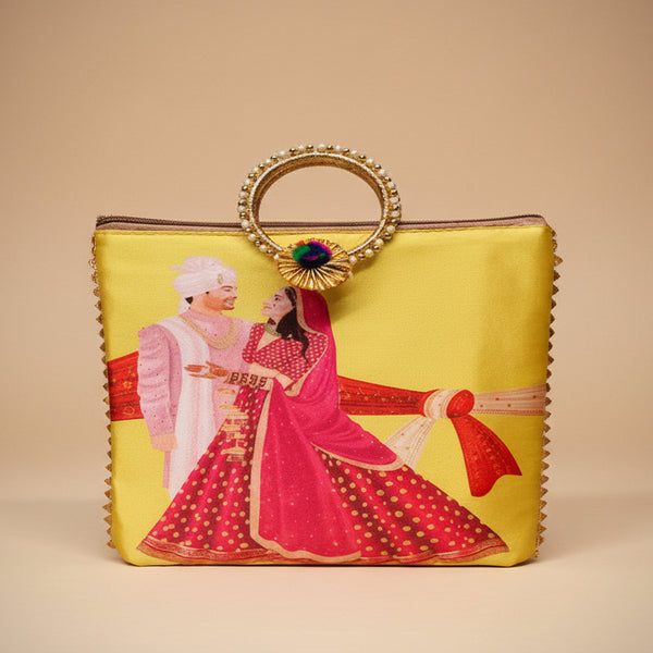 Premium Wedding Illustration Satin Favor Bag | Luxury Bridal Trousseau Pouch with Pearl Ring Handles