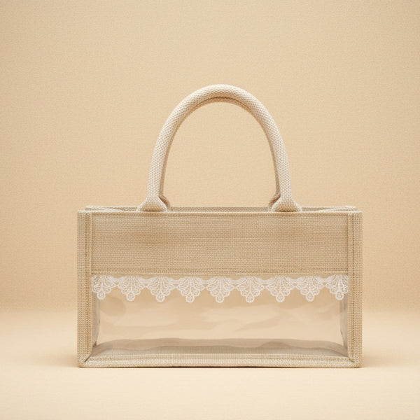 JUTE BAG Premium Jute Festive Gift Tote | Luxury Clear Window Favor Bag with White Lace Trim