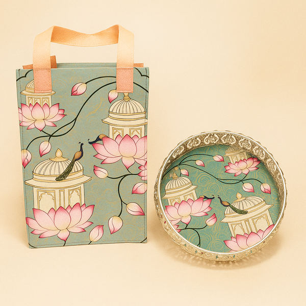 Bag with Tray (Peacock) | Elegant Gift Bag with Decorative Tray
