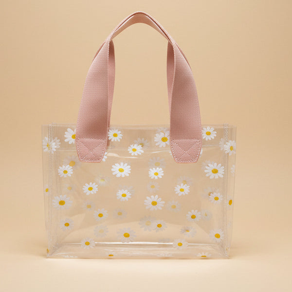 Compact Clear Daisy Print Transparent Gift Pouch with Peach Strap Handles