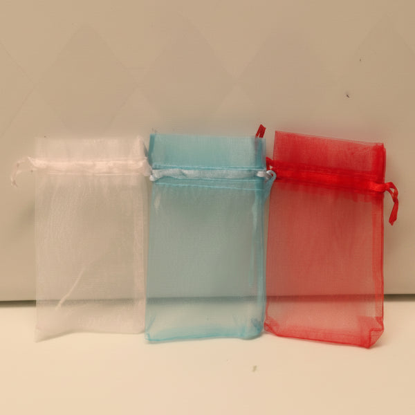 4x3" Mini Sheer Organza Favor Pouches with Satin Drawstring | Available in White, Blue & Red
