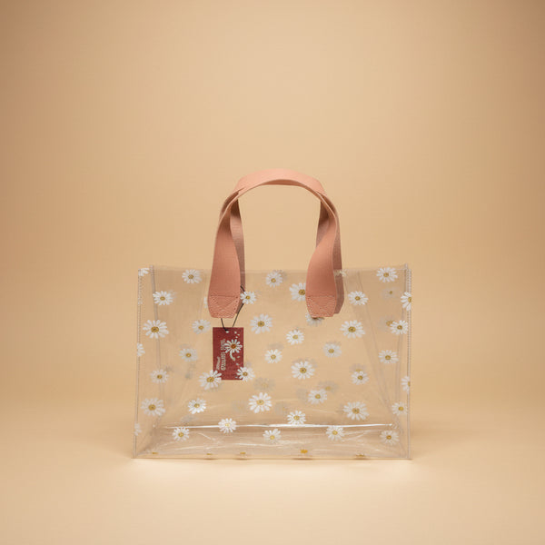 Clear Daisy Print Transparent Gift Tote Bag | Peach Strap Handles
