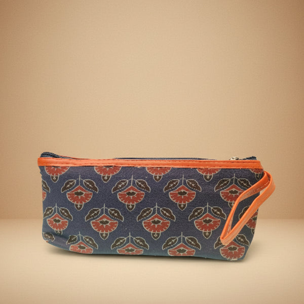 Ikkat Print Handloom Cotton Wristlet Purse |  Elegant Navy & Terracotta Utility Pouch