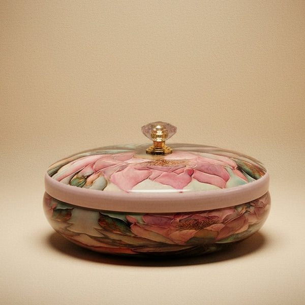 Royal Emerald & Pink Floral Matki Jar | Luxury Festive Decorative Gift Box with Crystal Knob