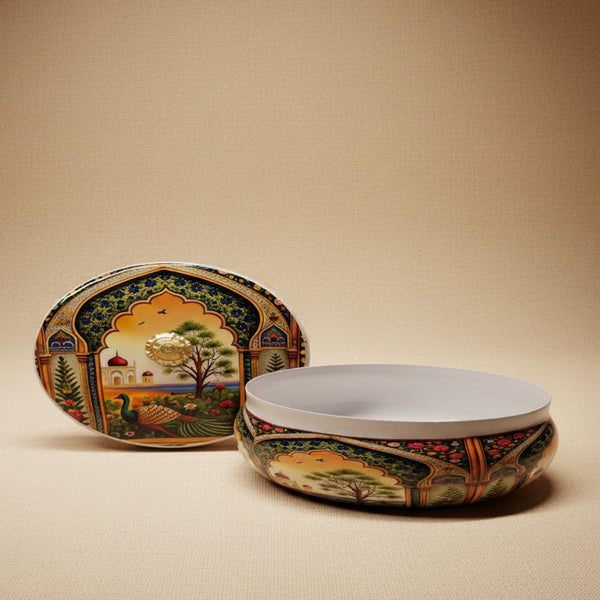 Royal Mughal Arch Peacock Matki Jar | Luxury Festive Decorative Gift Box with Crystal Knob