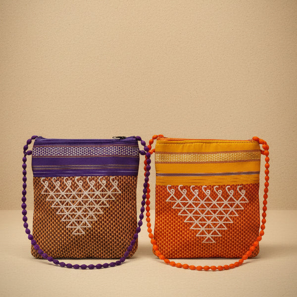 Traditional Kolam Motif Sling Pouch | Ethnic Silk-Blend Crossbody Bag with Beaded Strap