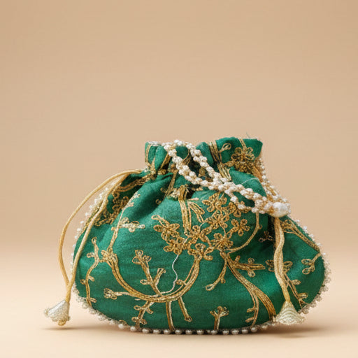 Premium Emerald Green Embroidered | Silk Potli Bag