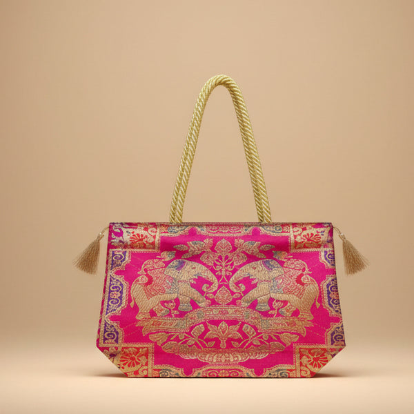 Premium Pink Brocade Silk Potli Bag | Luxury Royal Elephant Gift Pouch with Braided Gold Handles