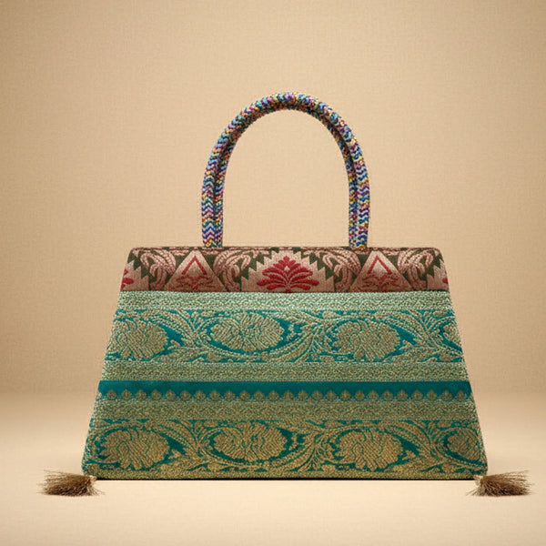 Premium Green Brocade Silk Gift Tote | Luxury Traditional Saree Bag with Braided Multi-Color Handles