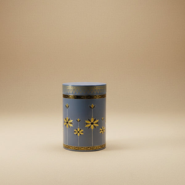 Royal Blue & Gold Floral Tall Metal Tin Container | Elegant Festive Keepsake Box