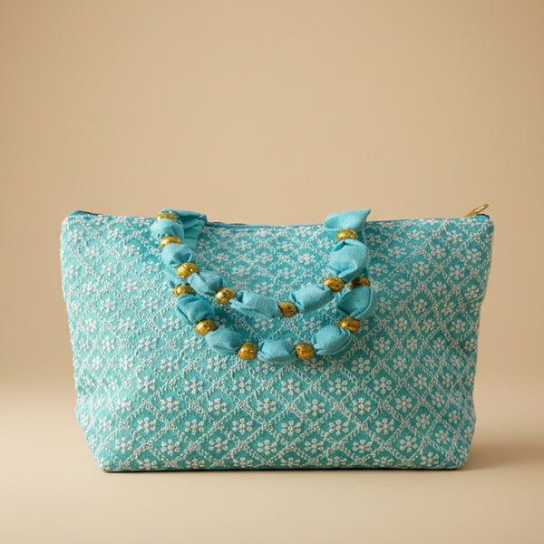 Premium Turquoise Woven Fabric Gift Pouch | Luxury Zippered Thamboolam & Utility Purse