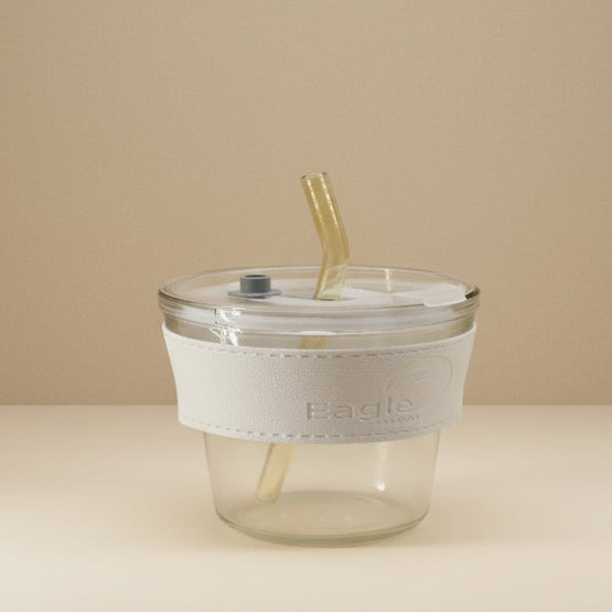 Aesthetic Clear Glass Coffee Tumbler with Faux-Leather Sleeve | Reusable Glass Straw