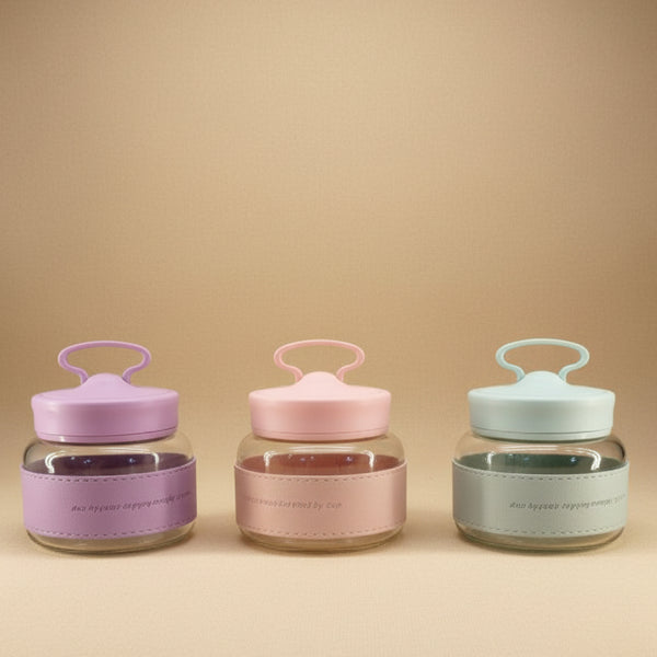 Pastel Chubby Glass Jar Cups with Loop Lid | Faux-Leather Sleeve
