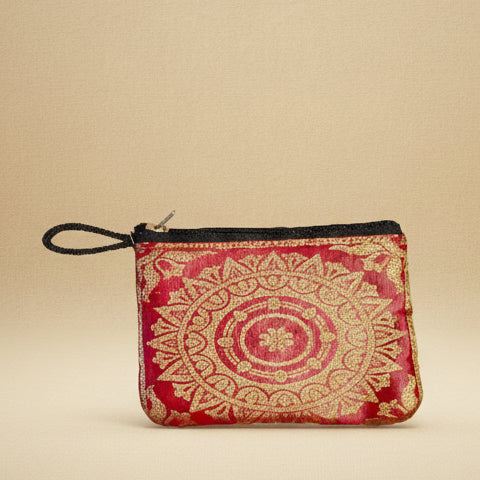 Premium Red Brocade Silk Coin Pouch | Luxury Mandala Shagun Cash Purse with Wrist Loop