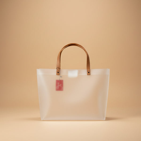 Minimalist Frosted Gift Tote Bag with Tan Riveted Strap Handles