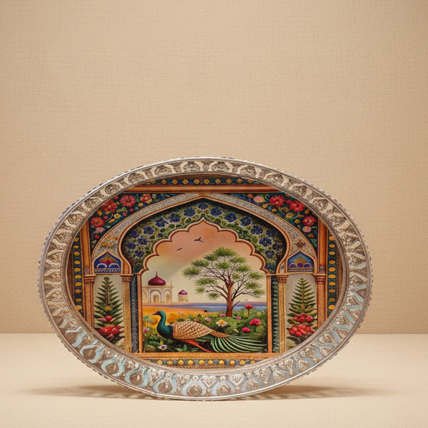 8" Premium German Silver Filigree Peacock Tray | Traditional Oval Mughal Art Return Gift Platter
