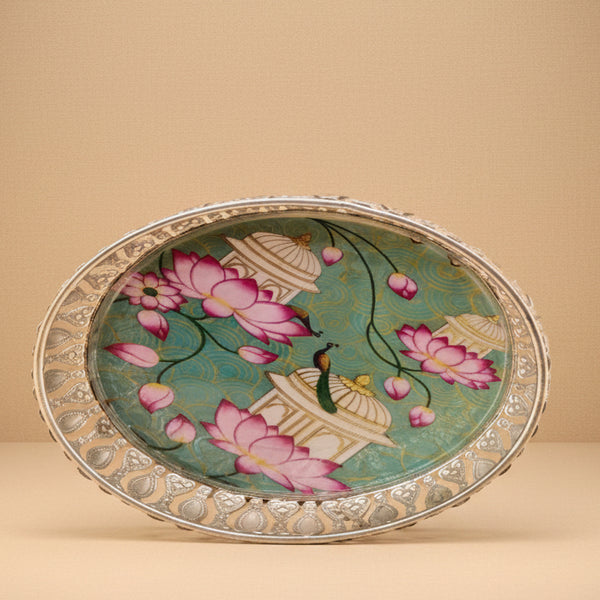 Royal Pichwai Lotus & Peacock Oval Decorative Tray with German Silver Filigree Border