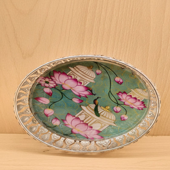 Premium Silver Filigree Oval Gifting Tray | Luxury Royal Pichwai Lotus & Peacock Platter