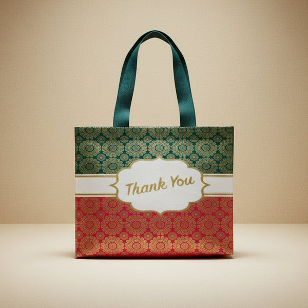 Festive Traditional Brocade "Thank You" Gift Tote Bag | Magenta & Emerald Green