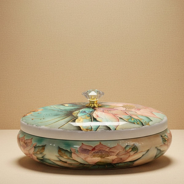 Premium Abstract Lotus Oval Gifting Box |  Luxury Keepsake Organizer with Crystal Knob Handle