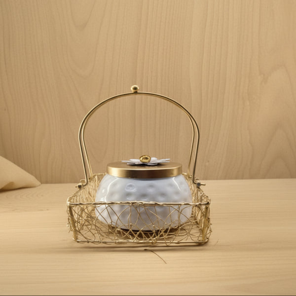 Luxury Dimpled Ceramic Treat Jar | Decorative Gold Mesh Gift Basket