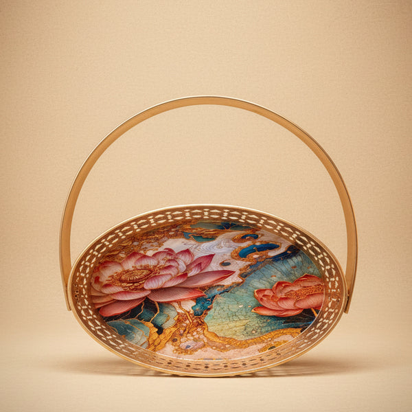 6" Premium Gold Filigree Lotus Basket Tray | Decorative Oval Platter with Arched Handle