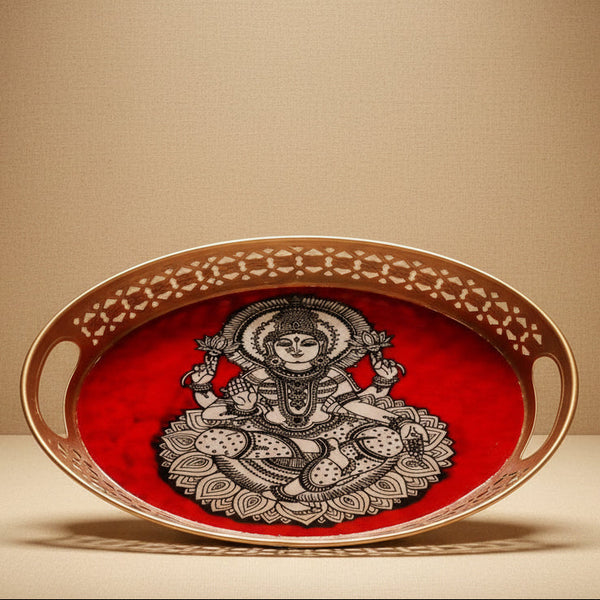 6" Premium Gold Filigree Lakshmi Tray | Traditional Oval Pooja & Return Gift Platter