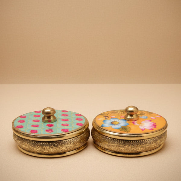 Premium Antique Brass Utility Box Set – Luxury Round Haldi-Kumkum | Jewelry Keepsake Boxes with Knob Lids