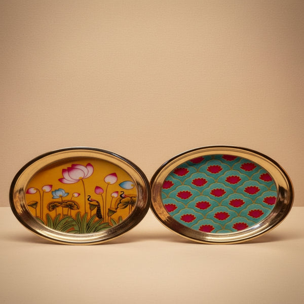 Premium Printed Brass Mini Oval Trays – Luxury Haldi-Kumkum Platters | Festive Return Gift Trays (Set of 2)