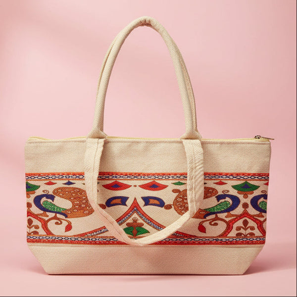 Traditional Peacock Motif Semi-Jute Pooja Bag | Woven Thamboolam Return Gift Tote