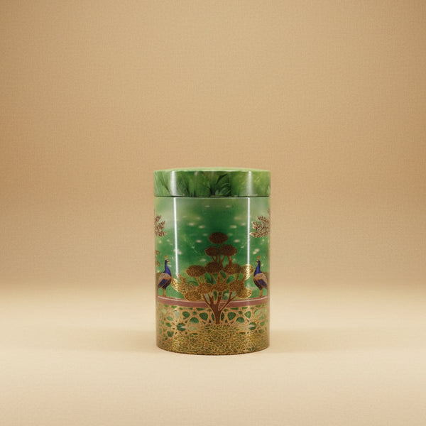 Royal Peacock Enchanted Forest Tall Metal Tin Container | Elegant Festive Keepsake Box
