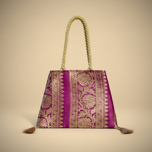 Premium Magenta Purple Brocade Silk Gift Tote | Luxury Traditional Favor Bag with Twisted Gold Handles