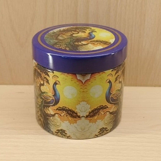 Royal Peacock Heritage Round Metal Tin Container with Indigo Blue Lid