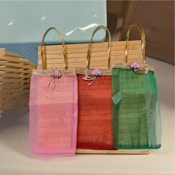 Premium Organza Net Festive Gift Bags | Luxury Lotus Motif Return Favor Totes with Gold Handles (Pack of 3 Colors)