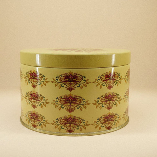 Festive Blooms Ethnic Printed Round Metal Tin Container | Soft Yellow